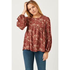 HAYDEN Kristie Misses Burgundy Floral Puff Sleeve Babydoll Top Large